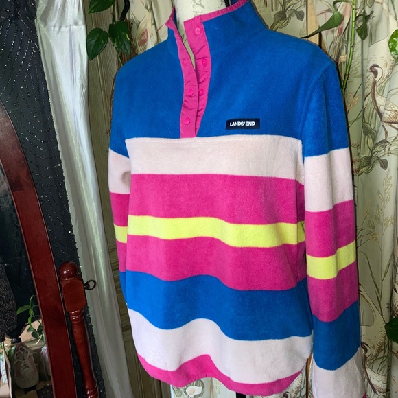 Lands End Heritage Stripe Fleece Snap Neck Pullover Top Sweater Jacket sz Medium - Picture 2 of 8
